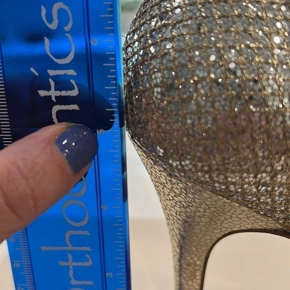 Jimmy CHOO 247 Crown Glitter fabric champagne platform 5in heels size 39.5